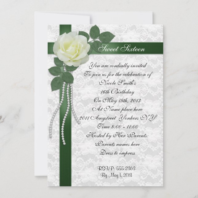 Sweet 16 Invitation Rose blanche et ruban vert (Devant)
