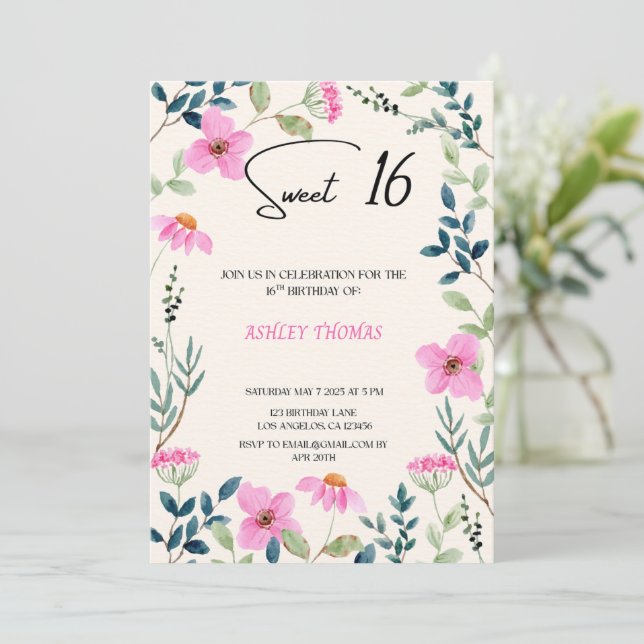 Sweet 16 Invitation rose fleurie (Debout devant)