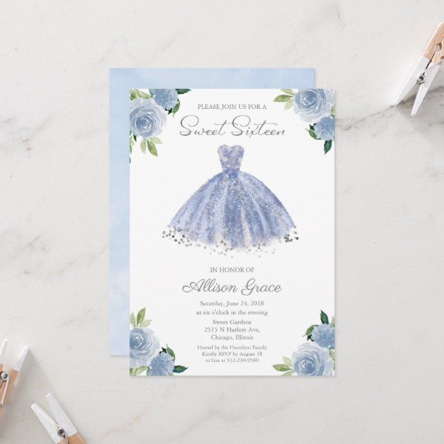 Sweet 16 Invitation Silver Foil Dusty Blue Gown (Devant/Arrière en situation)