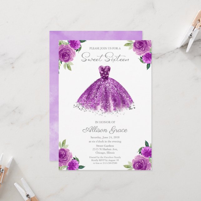 Sweet 16 Invitation Silver Foil Purple Gown (Devant/Arrière en situation)
