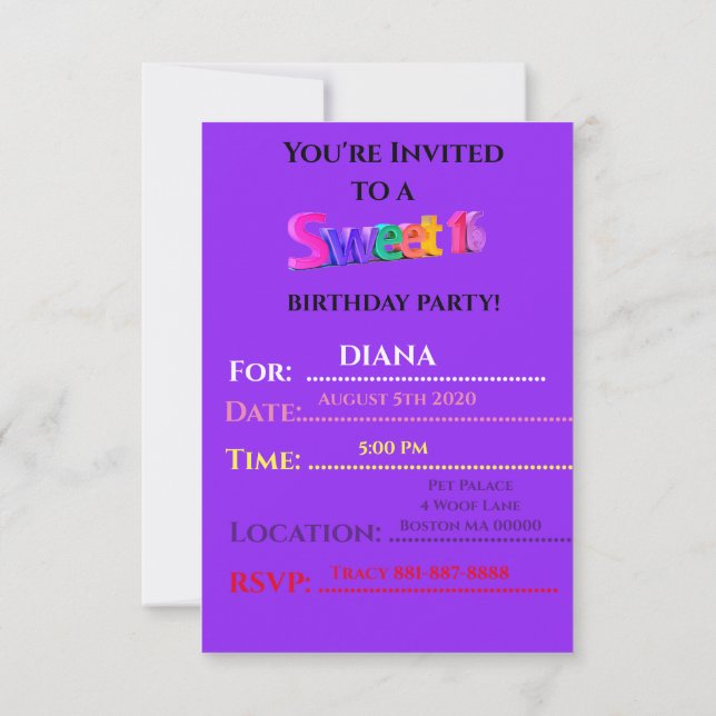 "SWEET 16" invitations d'anniversaire PERSONNALISÉ (Dos)