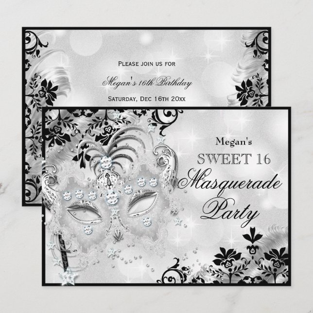 Sweet 16 Jewel Mask & Damask Silver Masquerade Einladung (Vorne/Hinten)