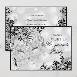 Sweet 16 Jewel Mask & Damask Silver Masquerade Einladung