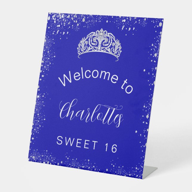 Sweet 16 königsblau silber Glitzer willkommen Sockelschild (Vorderseite)