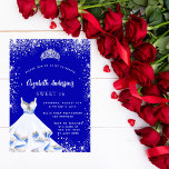 Sweet 16 königsblau silberne Kleid tiara Luxus Einladung<br><div class="desc">Eine trendige und glamouröse Einladung für eine Sweet 16,  16. Geburtstagsfeier. Ein königsblauer Hintergrund mit Imitaten silberner Glitzer Staub,  ein Tiara und ein Kleid. Der Name ist mit einem modernen handgeschriebenen Stilskript geschrieben. Personalisieren Sie Ihre Party-Daten und fügen Sie sie hinzu.</div>