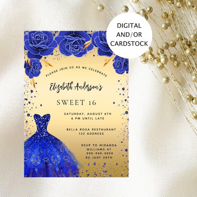 Sweet 16 königsblaue goldene Glitzer Kleiderfloral Einladung (Von Creator hochgeladen)