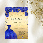 Sweet 16 königsblaue goldene Kleiderfloralen Luxus Einladung<br><div class="desc">Eine moderne,  stilvolle und glamouröse Einladung zu einer Sweet 16. Geburtstagsfeier. Ein goldenes Imitat mit Imitat blauen Glitzern und einem königsblauen Kleid und Rose,  Blumen. Der Name ist mit einem modernen handgeschriebenen Stilskript geschrieben. Personalisieren Sie Ihre Party-Daten und fügen Sie sie hinzu.</div>