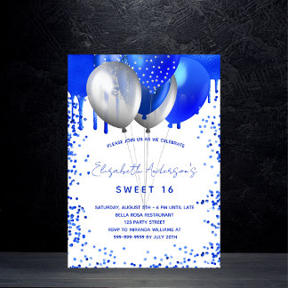 Sweet 16 königsblaue, weiße Ballons Glitzer Tropfe Einladungspostkarte