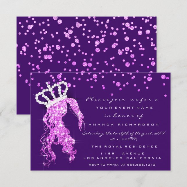Sweet 16. Kronprinzessin Confetti Lila Pink Gir Einladung (Vorne/Hinten)