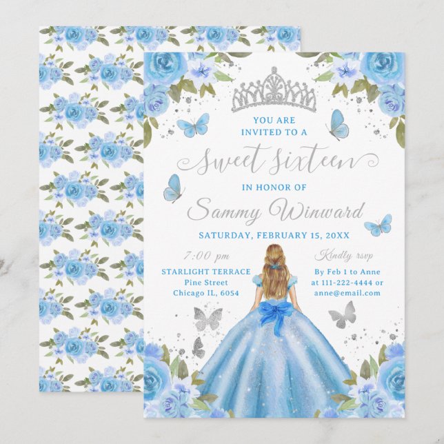Sweet 16 Light Blue Princess Blonde Girl Einladung (Vorne/Hinten)