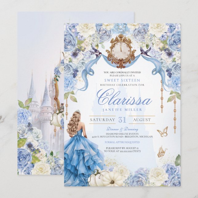 Sweet 16 Light Blue Royal Princess (V2) Elegant Einladung (Vorne/Hinten)