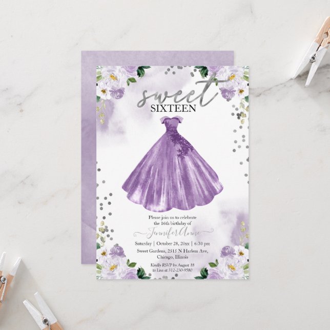 Sweet 16 Lila Aquarellfarben Blume Kleid Einladung (Vorderseite/Rückseite Beispiel)