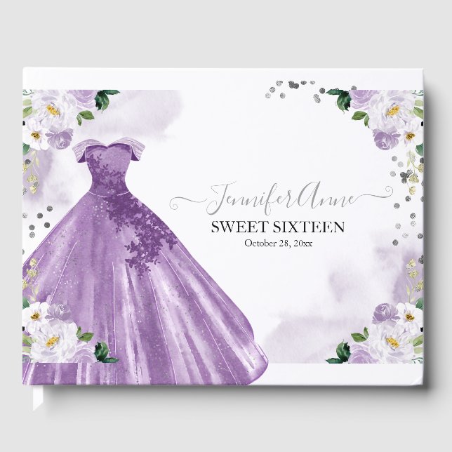 Sweet 16 Lila Aquarellfarben Blume Kleid Gästebuch (Vorderseite)