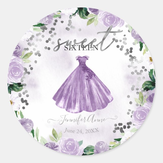 Sweet 16 Lila Blumenkleid Runder Aufkleber (Vorderseite)