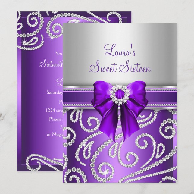 Sweet 16 Lila Bow & Sparkle Diamond Einladung (Vorne/Hinten)