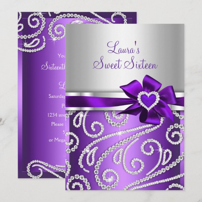 Sweet 16 Lila Bow Sparkle Diamond Party 🎉 Einladung (Vorne/Hinten)