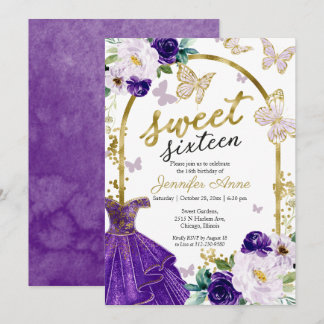 Sweet 16 Lila, florales Kleid Schmetterling Einladung