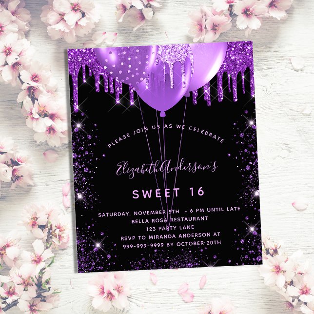 Sweet 16 lila Glitzer-Ballons glamorus Einladungspostkarte (Von Creator hochgeladen)