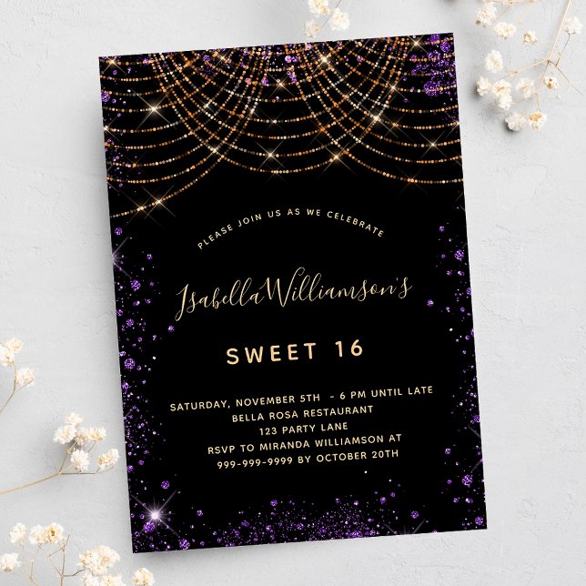Sweet 16 lila Glitzer Staub Gold Geburtstag Einladung (Von Creator hochgeladen)