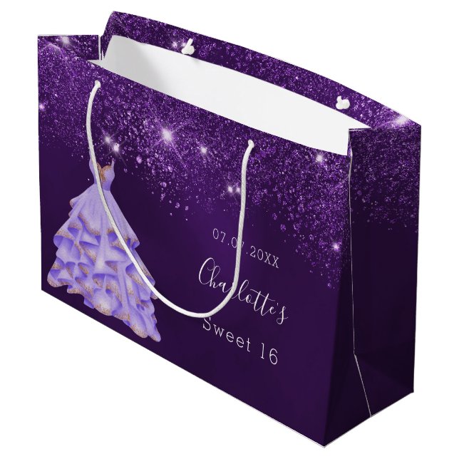 Sweet 16 lila Glitzer Staubkleid Name Große Geschenktüte (Rückseite Schrägansicht)