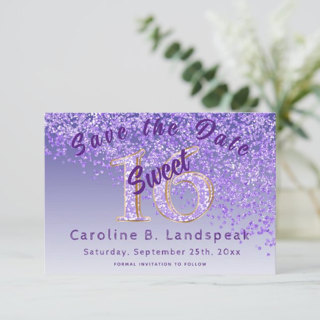 Sweet 16 Lila Glitzer Stilvoller Glitzer Nummer 16 Save The Date (Stehend Vorderseite)