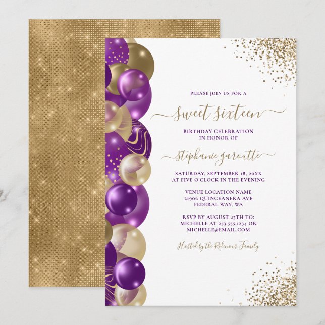 Sweet 16 Lila Gold Sparkle Ballon Einladung (Vorne/Hinten)