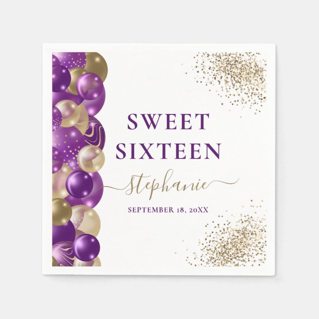 Sweet 16 Lila Gold Sparkle Ballon Serviette (Vorderseite)