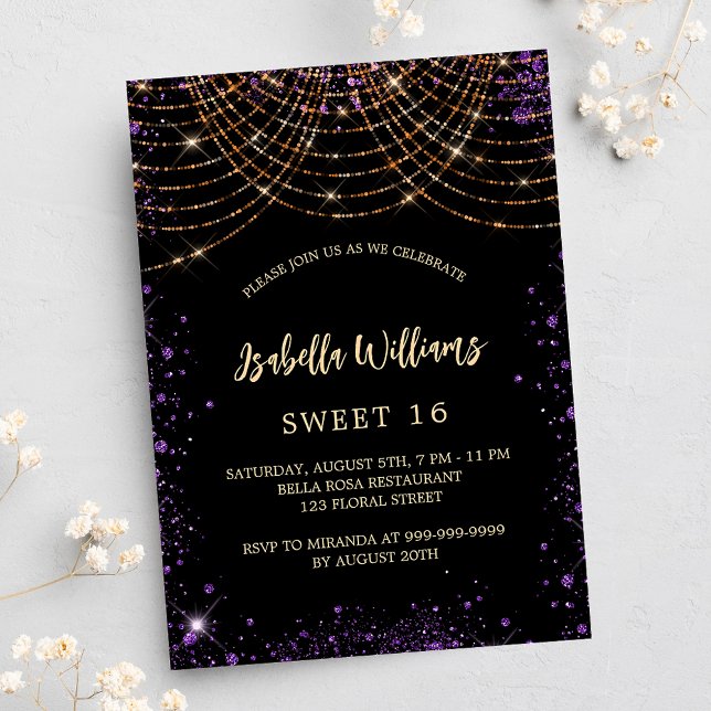 Sweet 16 lila Goldgold Glitzer glamourös Einladungspostkarte (Von Creator hochgeladen)
