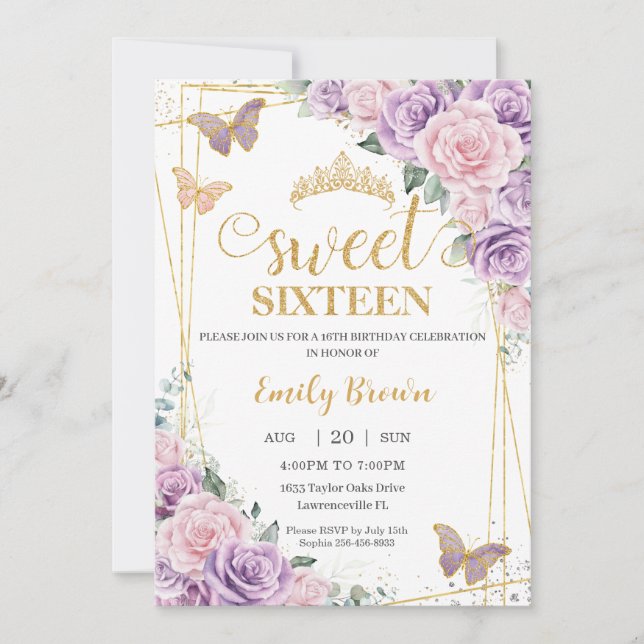 Sweet 16 Lila Lilac Pink Blütenschmetterlinge Einladung (Vorderseite)