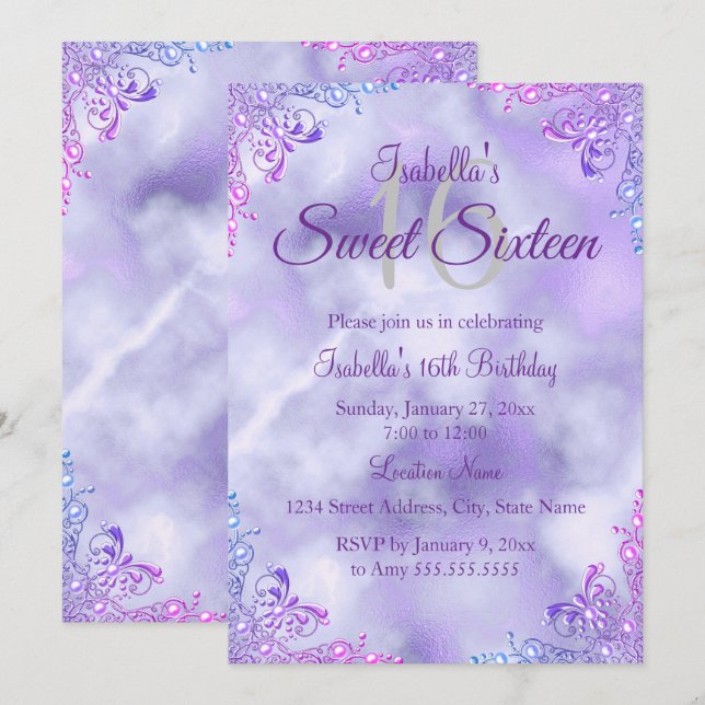 Sweet 16 Lila Lilac Silver Pearl Damask Einladung (Vorne/Hinten)
