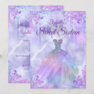 Sweet 16 Lila Lilac Silver Pearl Gown Einladung