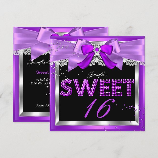 Sweet 16 Lila Magenta Glitzer Glam Birthday Einladung (Vorne/Hinten)