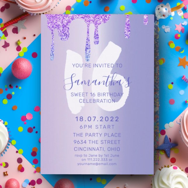 Sweet 16 Lila Metallic & Glitzer Tropfen Geburtsta Einladung (Von Creator hochgeladen)