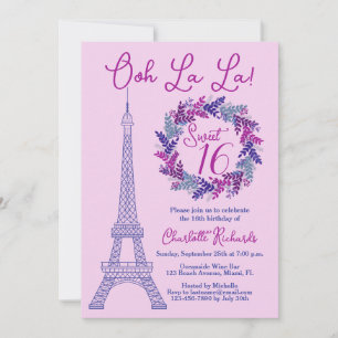 Sweet 16 Lila Paris Eiffelturm Geburtstagsparty Einladung