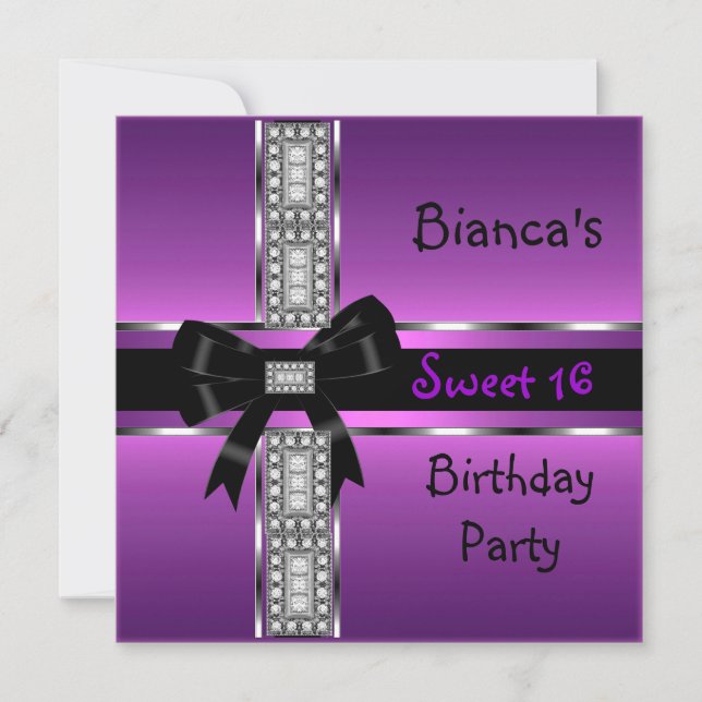 Sweet 16 Lila Pink Silver Black Diamonds Einladung (Vorderseite)