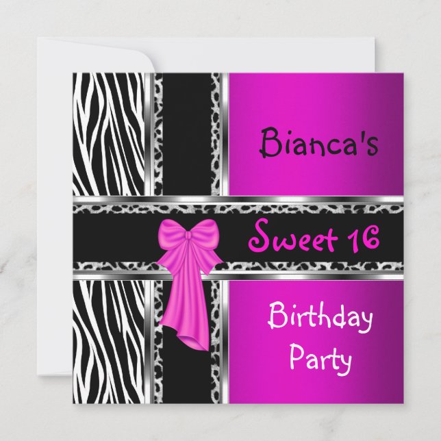 Sweet 16 Lila Pink Silver Black Zebra Leopard Einladung (Vorderseite)
