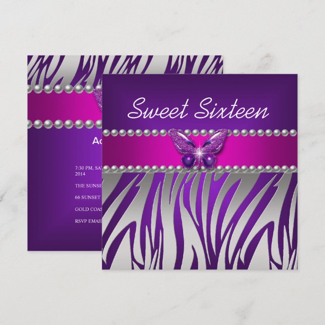 Sweet 16 Lila Pink Zebra Silberschmetterling Einladung (Vorne/Hinten)