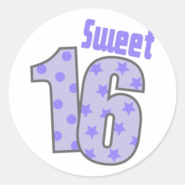 Sweet 16 (Lila Punkte und Sterne) Runder Aufkleber (Vorderseite)