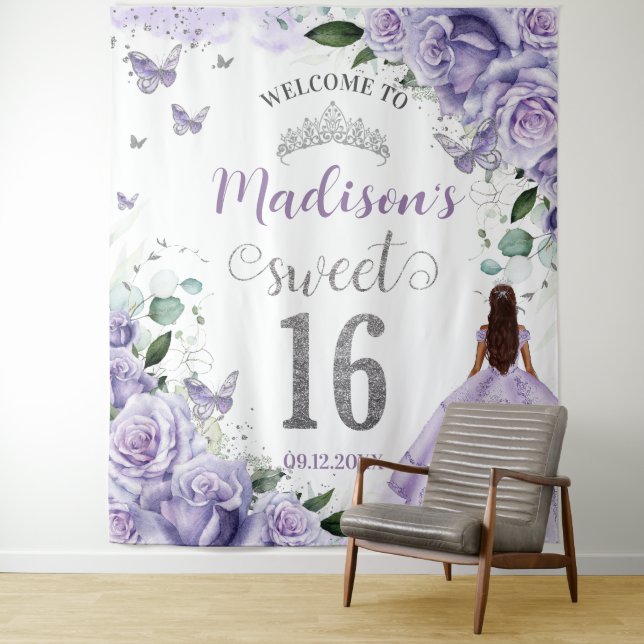 Sweet 16 Lila Rose BlumenPrinzessin Willkommen Wandteppich (Beispiel)