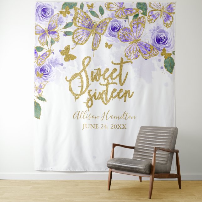 Sweet 16 Lila Schmetterlinge Hintergrund der Blüte Wandteppich (Beispiel)