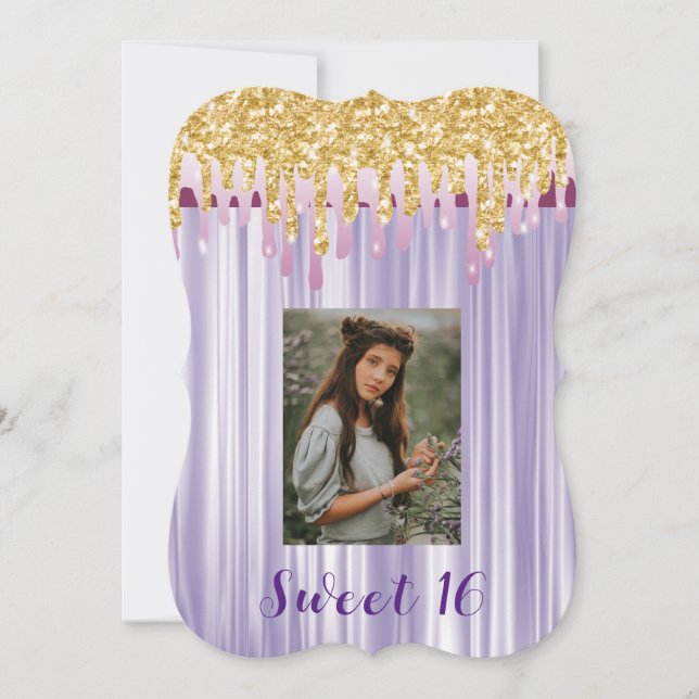 Sweet 16 Lila Seide mit Gold Dripping Foto Einladung (Vorderseite)