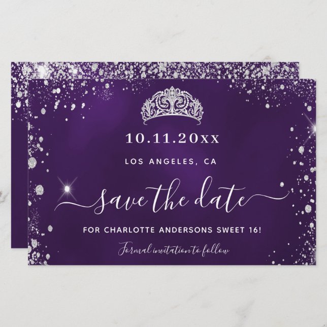 Sweet 16 lila silber Glitzer rett Date Card (Vorne/Hinten)