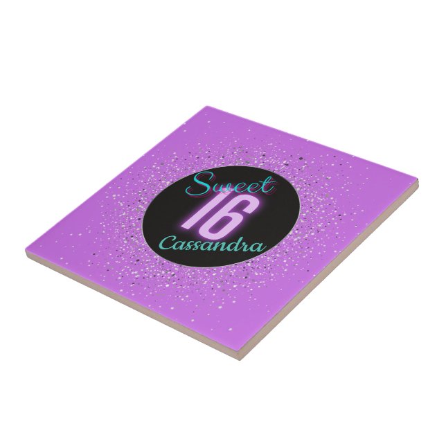 Sweet 16 Lila Silberbrillanz Personalisiert Fliese (Seite)
