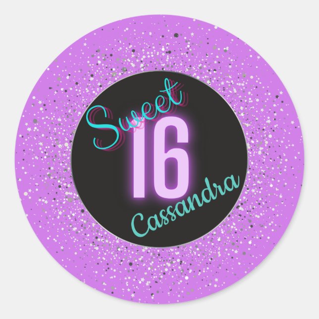 Sweet 16 Lila Silberbrillanz Personalisiert Runder Aufkleber (Vorderseite)