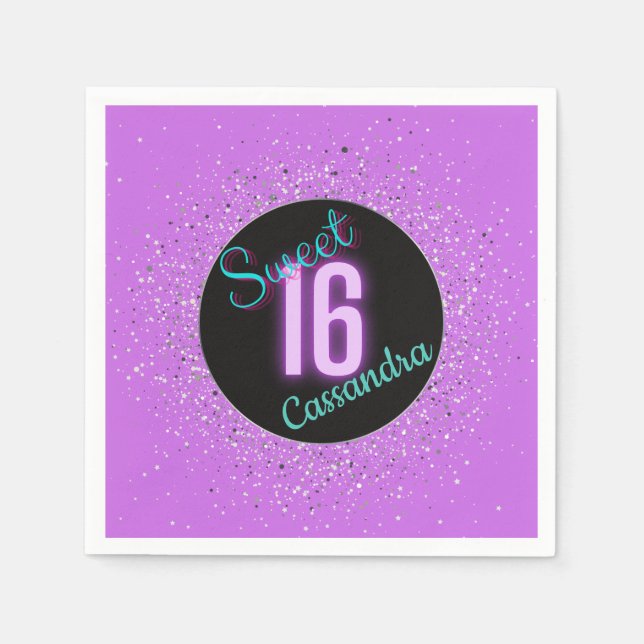 Sweet 16 Lila Silberbrillanz Personalisiert Serviette (Vorderseite)
