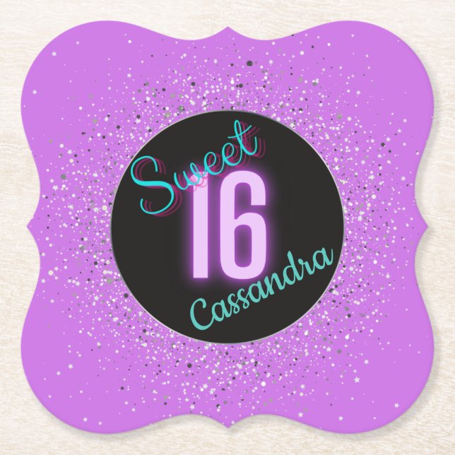 Sweet 16 Lila Silberbrillanz Personalisiert Untersetzer (Vorderseite)