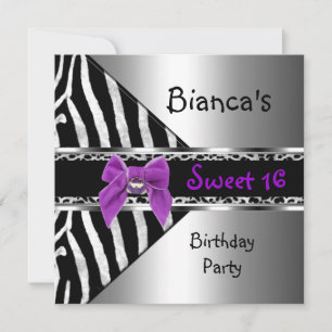Sweet 16 Lila Silver Black Zebra Leopard Einladung