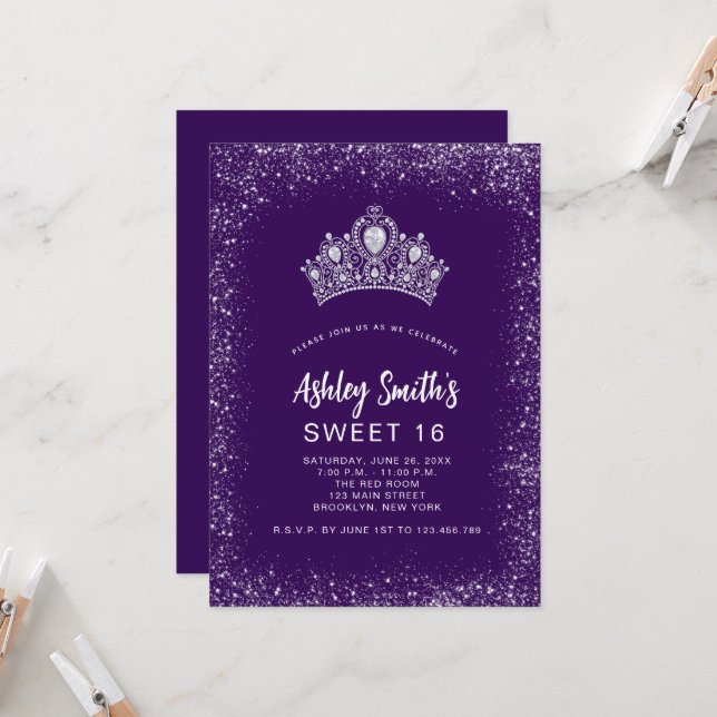 Sweet 16 Lila Silver Glitzer Diamond Tiara Einladung (Vorderseite/Rückseite Beispiel)