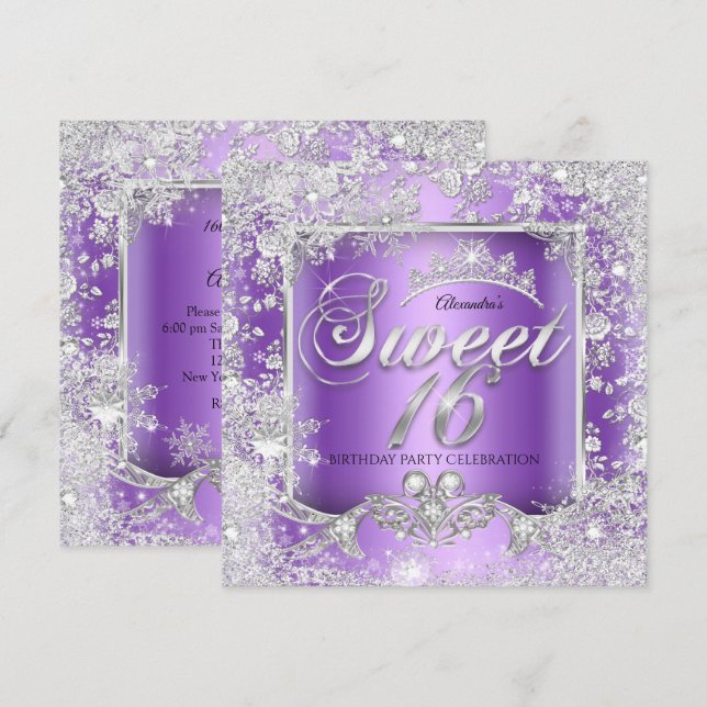 Sweet 16 Lila Silver Tiara Winter Wonderland Einladung (Vorne/Hinten)