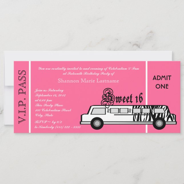 Sweet 16 Limo Party Pass Einladung (Vorderseite)